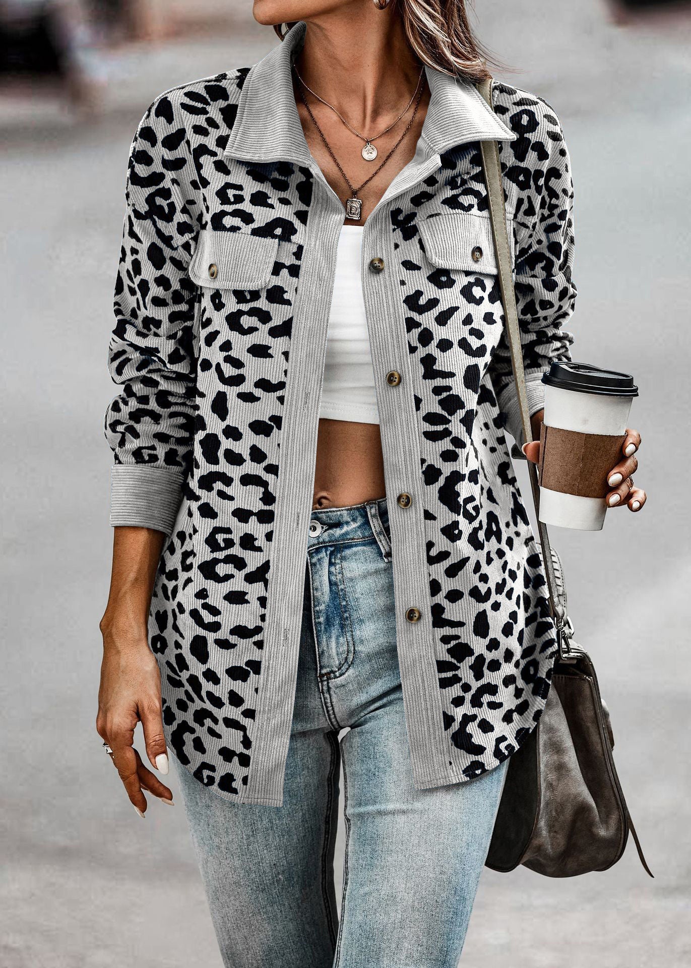 Leopard Print Shirt Coat Fashion Button Long Sleeve Jacket