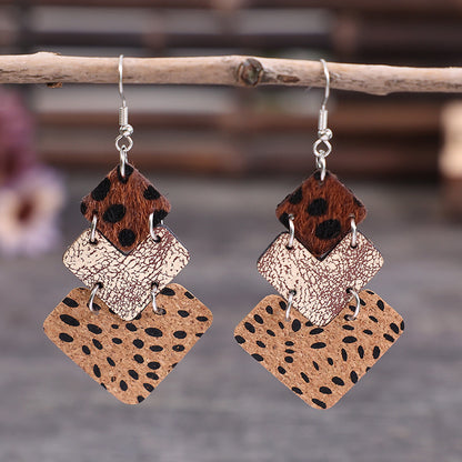 Vintage Leopard Print Stitching Leather Earrings