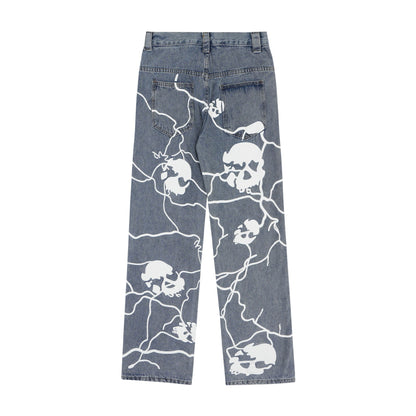 Printed Skull  Dark High Street Design Straight-leg Pants