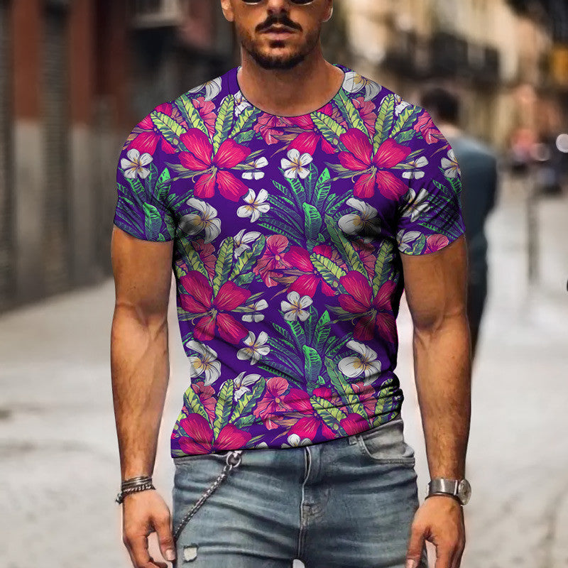 Round Neck 3D Plant Print Short-sleeved T-shirt