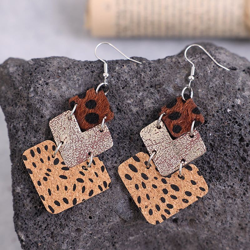 Vintage Leopard Print Stitching Leather Earrings