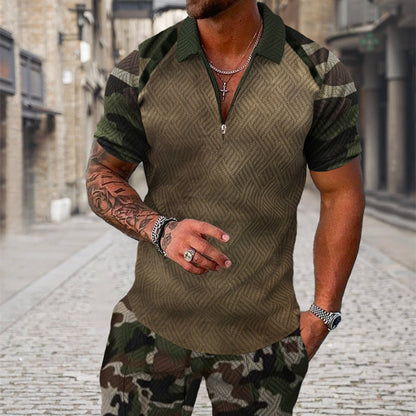 Men's Summer Fashion 3D Printed Short Sleeve Geometric Zip Lapel Shirt Set