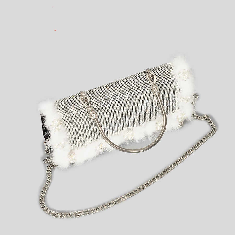 New Ostrich Fur Pearl Rhinestone Bag