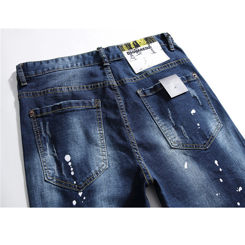 Men slim denim trousers zipper blue hole Pencil Pants