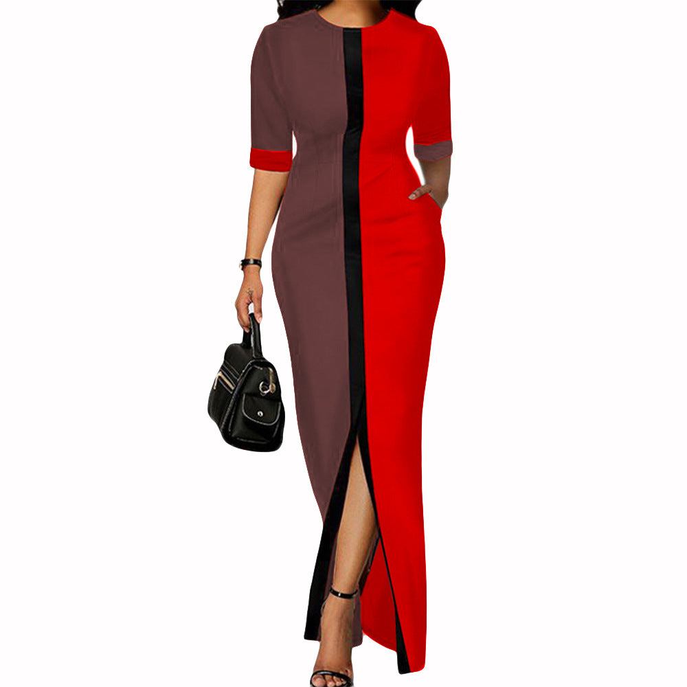 New Short Sleeve Printed Pocket Slit Maxi Dress