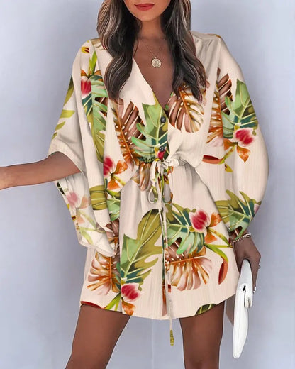 Women's V-Neck Tie Printed Beach Dress