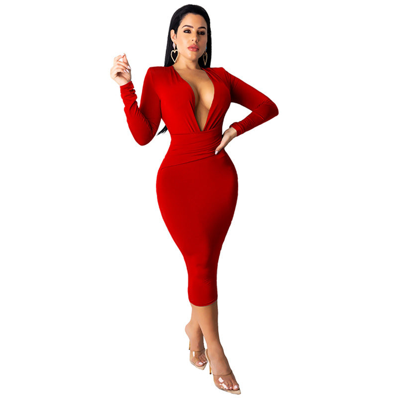 Fashion Deep V Neck Hip Dress Long Sleeve Dress