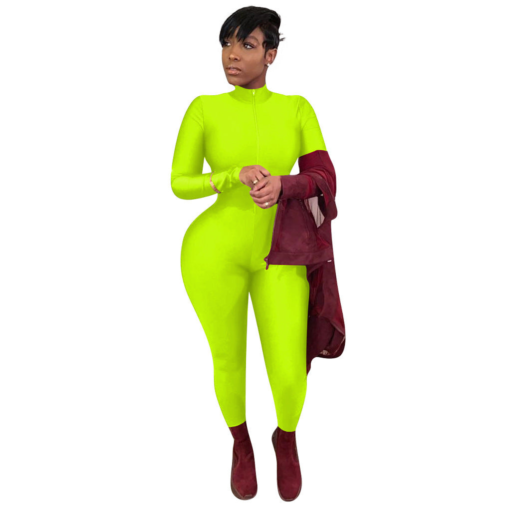 Women's Solid Color Long Zipper Tight-fitting Long-sleeved Jumpsuit