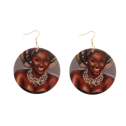 Wood Printed African Head Pattern Earrings