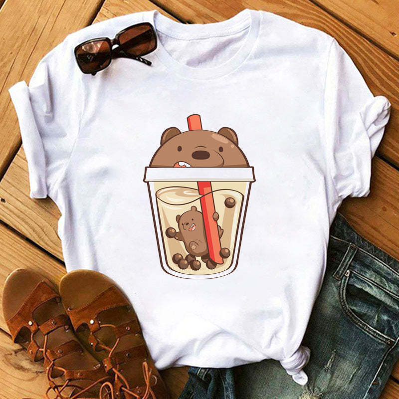 Cute Milk/Tea Print Short Sleeve Women