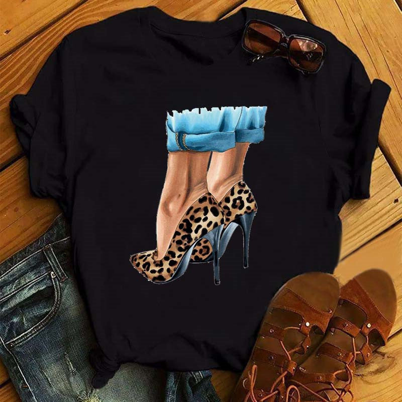 Fashion Girl Print Ladies Short Sleeve  Loose T-shirt