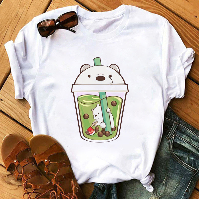 Cute Milk/Tea Print Short Sleeve Women