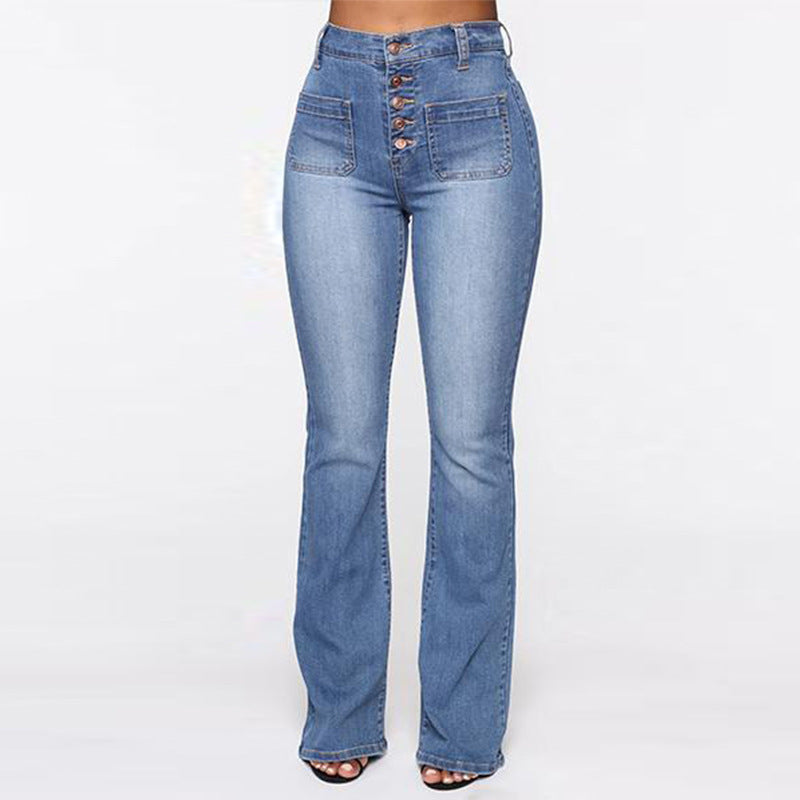 Washed Ladies High Waist Denim Trousers