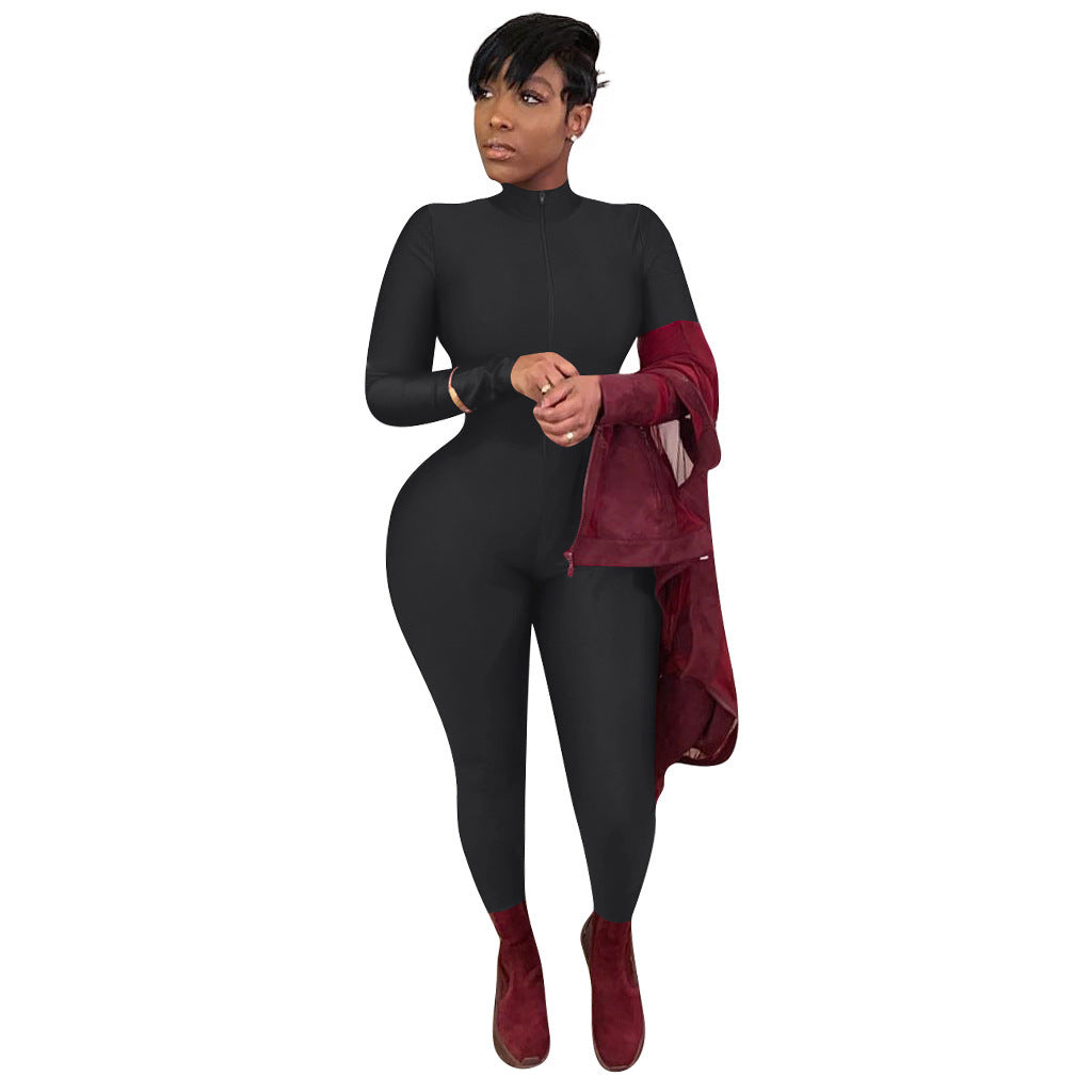 Women's Solid Color Long Zipper Tight-fitting Long-sleeved Jumpsuit