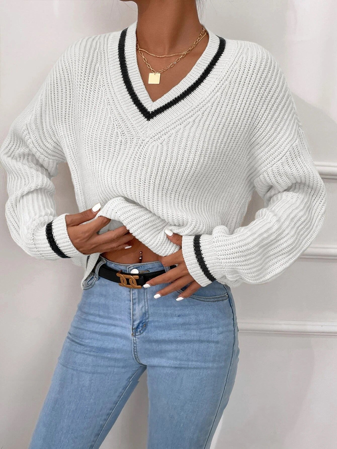 Winter Women's Clothes Cable Knit V Neck Sweaters