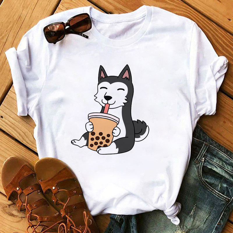 Cute Milk/Tea Print Short Sleeve Women