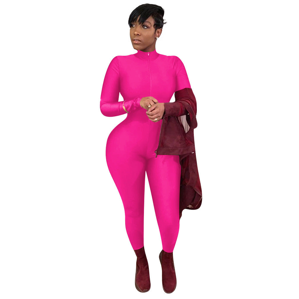 Women's Solid Color Long Zipper Tight-fitting Long-sleeved Jumpsuit