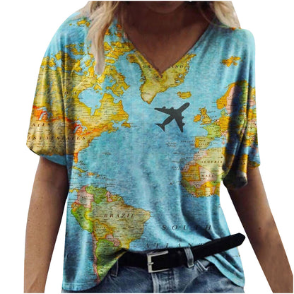 New Female Map Print V-Neck Short-Sleeved T-Shirt