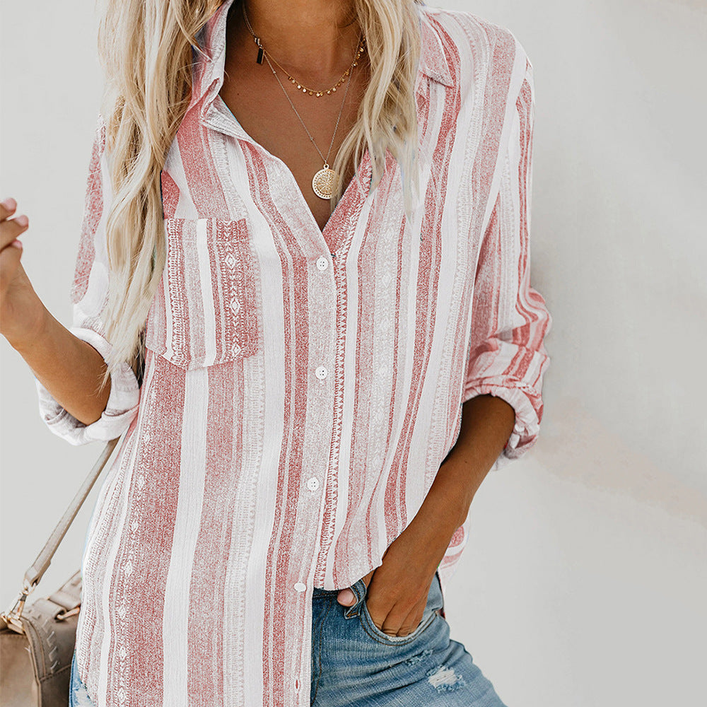 Striped Lapel Long-sleeved Cardigan Single-breasted Shirt