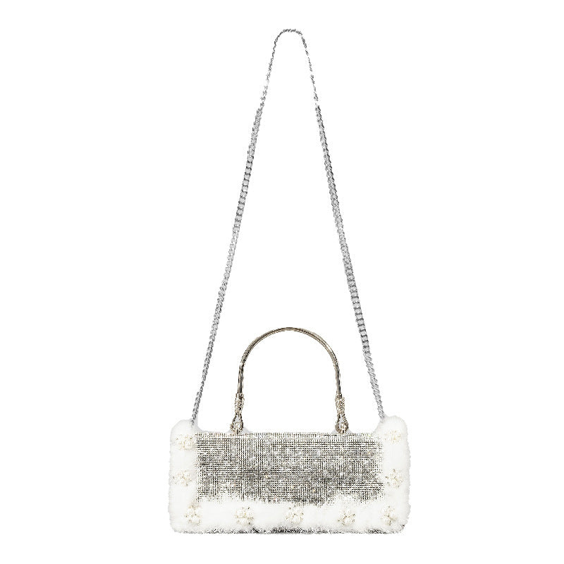 New Ostrich Fur Pearl Rhinestone Bag