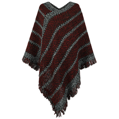 Contrast Color Striped Ethnic Style Tassel Pullover Cloak Shawl