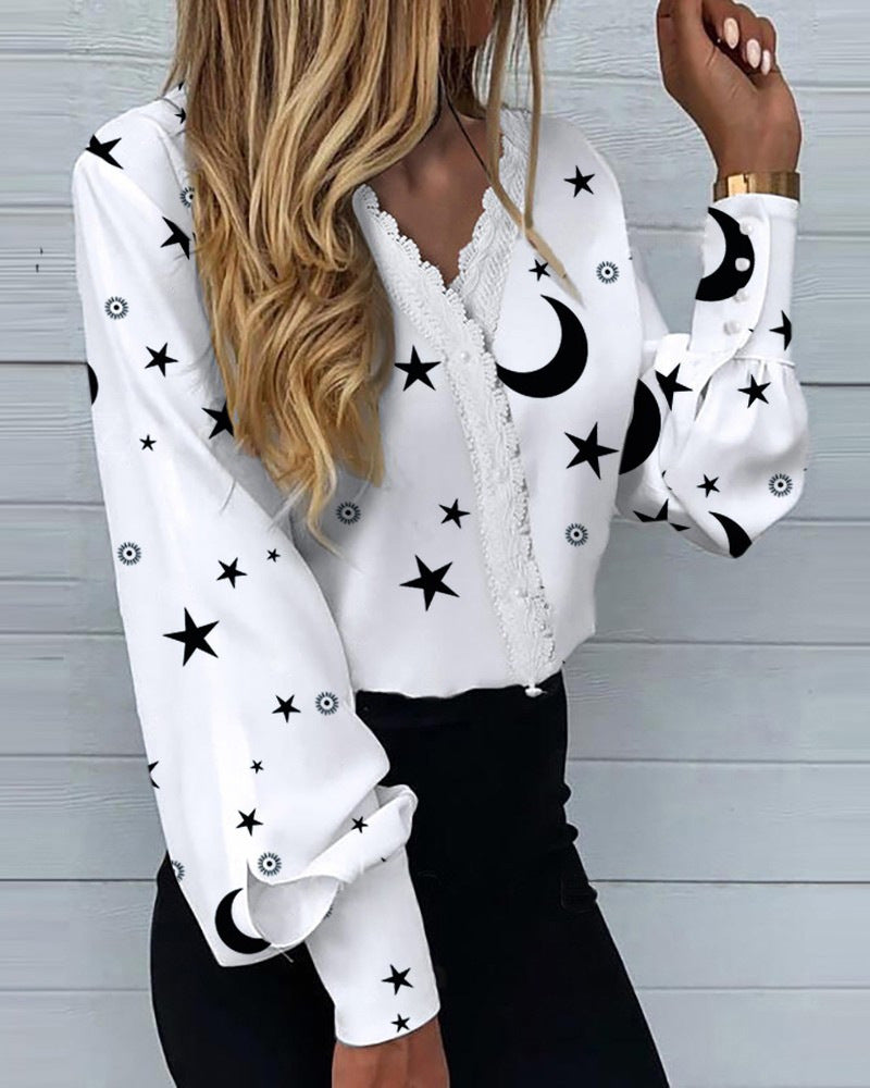 Women's Fashionable Printed Lace Casual Shirt