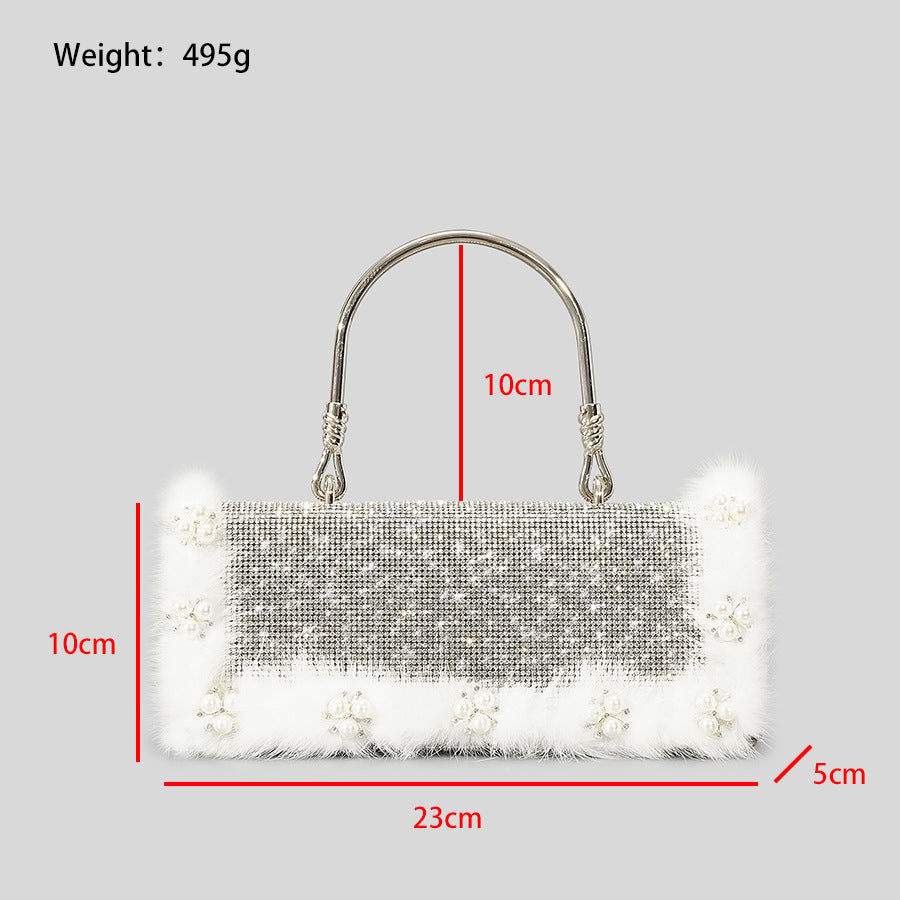 New Ostrich Fur Pearl Rhinestone Bag