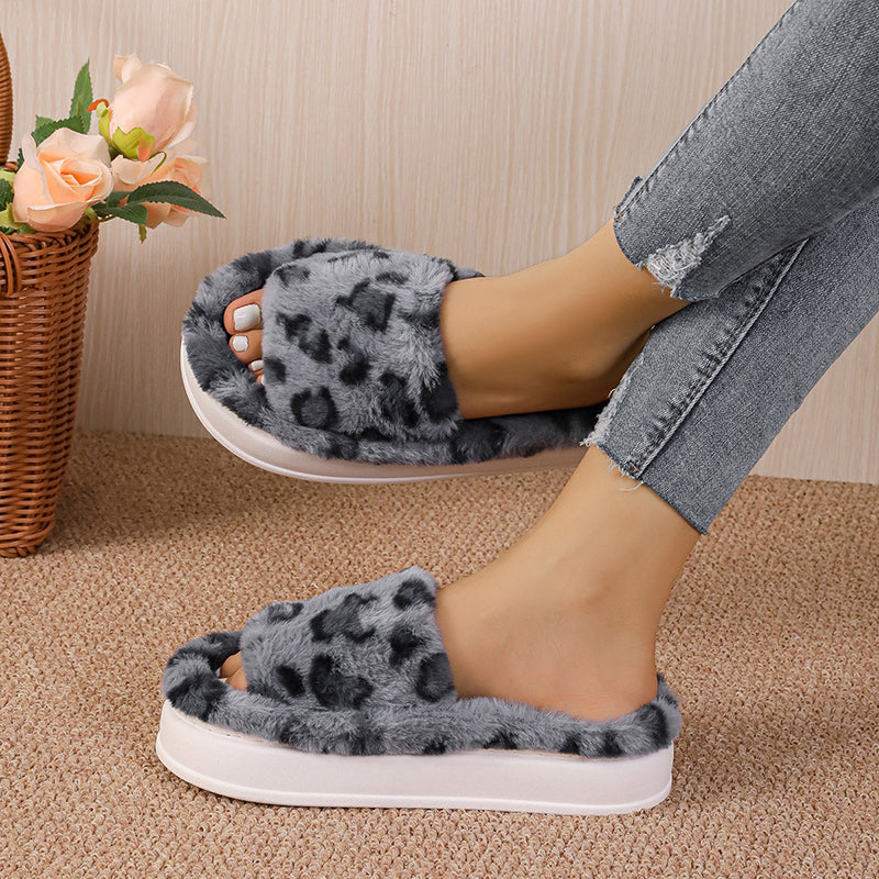 Fashion Winter Slipper Leopard Print Thick-soled Warm Fur Slippers