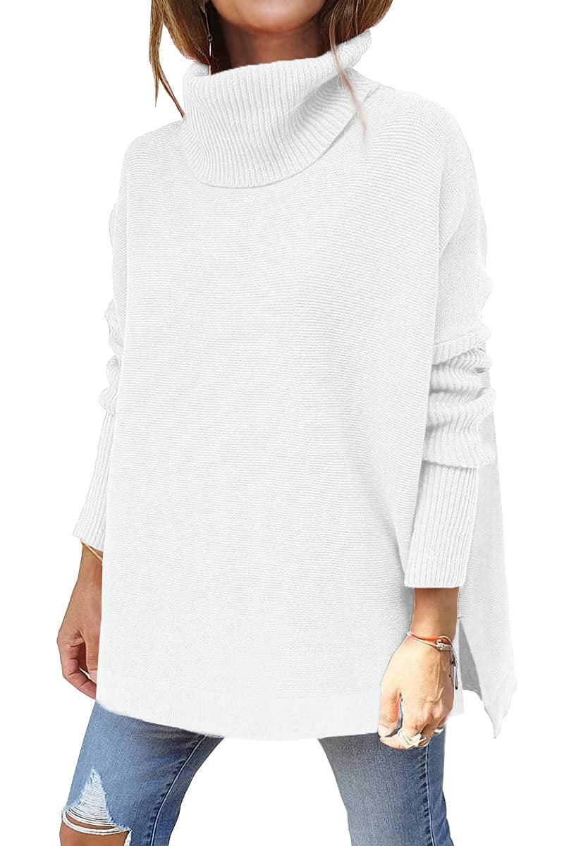 Turtleneck Sweater Mid Length Batwing Sleeve Slit Hem Tunic Pullover Sweaters