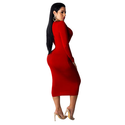 Fashion Deep V Neck Hip Dress Long Sleeve Dress