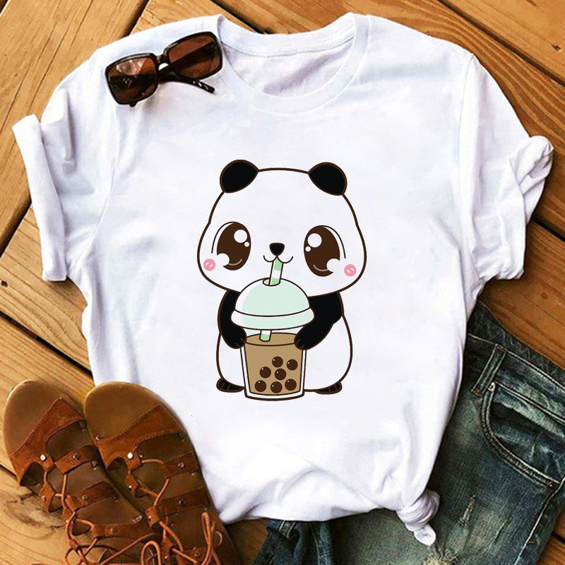 Cute Milk/Tea Print Short Sleeve Women