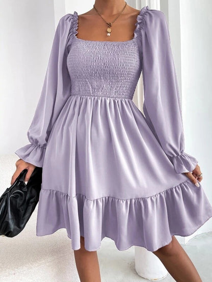 Flared Long Sleeve  Square Neck Ruffled Swing Dress