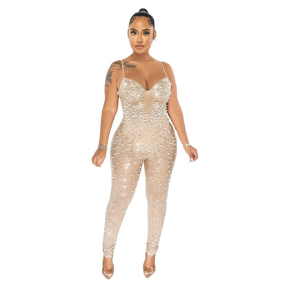 Pure Color Mesh Rhinestone Sleeveless Trousers Jumpsuit