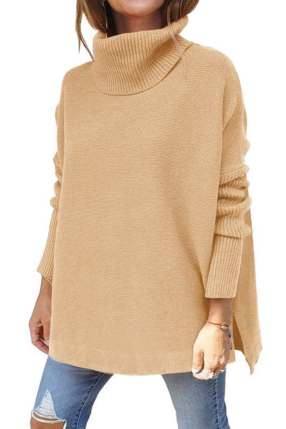 Turtleneck Sweater Mid Length Batwing Sleeve Slit Hem Tunic Pullover Sweaters