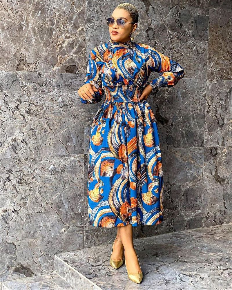 Women Clothing Fashion Printing Lapel Long Sleeve Dress