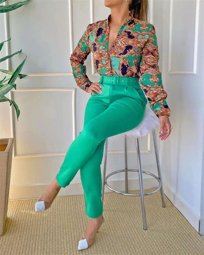 Women's Digital Printing Long-sleeved Shirt With Belt Trousers Suit