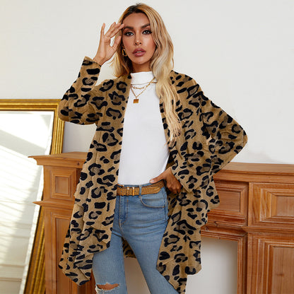 Women's Leopard Printed Irregular Hem Flannel Fashion Cardigan Coat