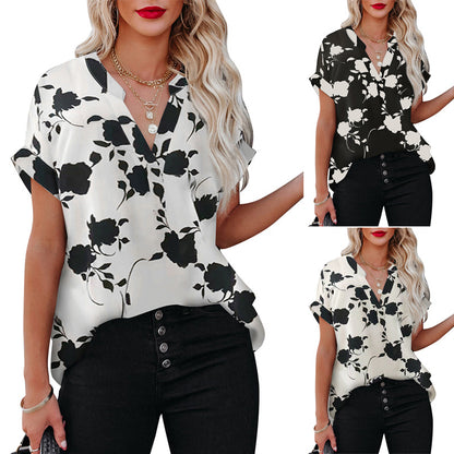 Summer Women's Clothing New Floral Print Short Sleeve Shirt