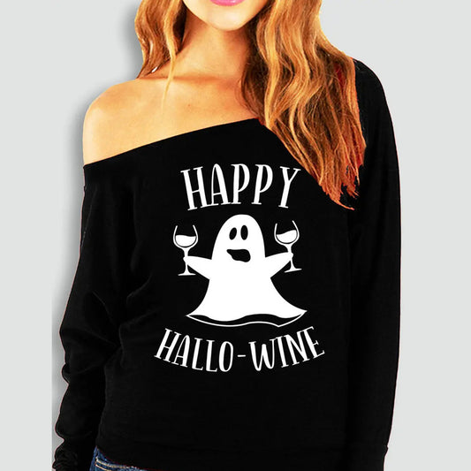 Halloween Printed Off-the-shoulder Off-neck European And American T-shirt