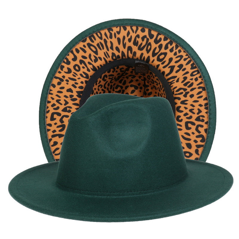 Double-sided Color-blocking Leopard Print Woolen Fedora Hat