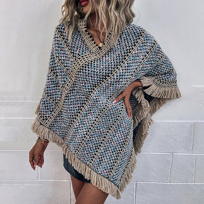 Contrast Color Striped Ethnic Style Tassel Pullover Cloak Shawl