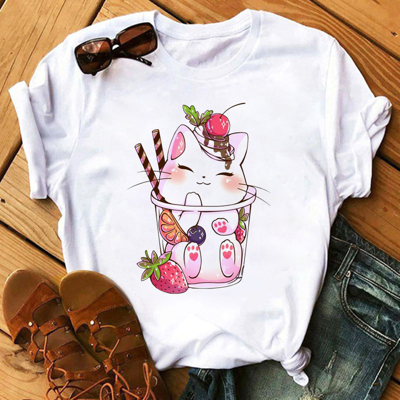 Cute Milk/Tea Print Short Sleeve Women