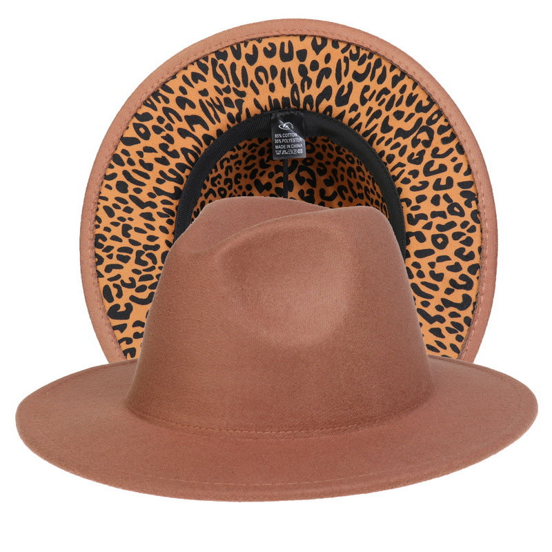 Double-sided Color-blocking Leopard Print Woolen Fedora Hat