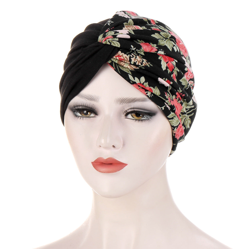 Double-layer Two-color Floral Cloth Splicing Twist Turban Hat