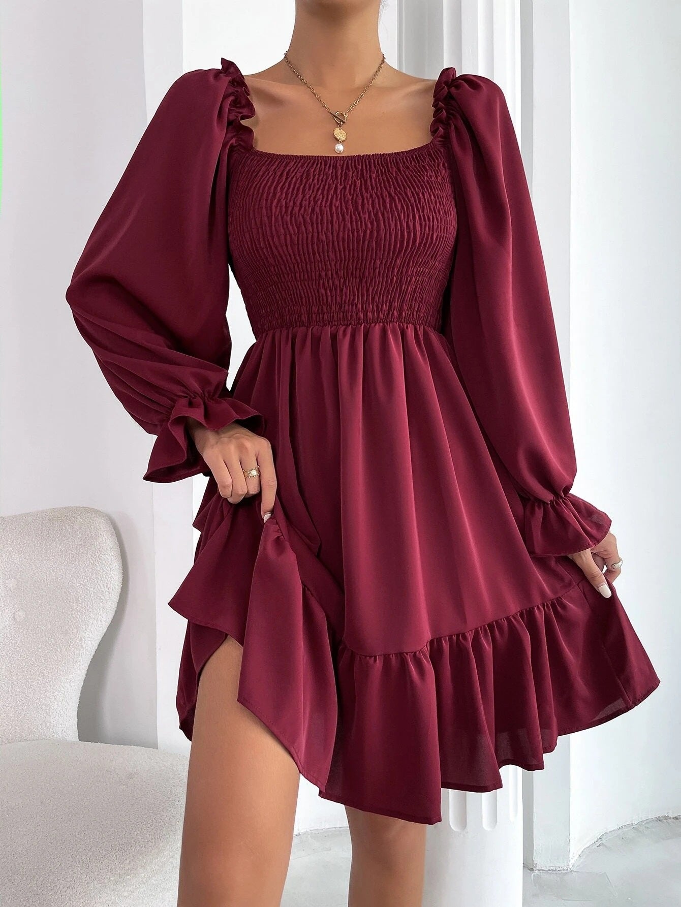 Flared Long Sleeve  Square Neck Ruffled Swing Dress