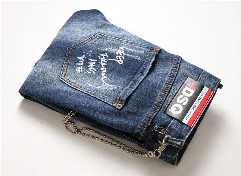 Men slim denim trousers zipper blue hole Pencil Pants