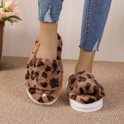 Fashion Winter Slipper Leopard Print Thick-soled Warm Fur Slippers