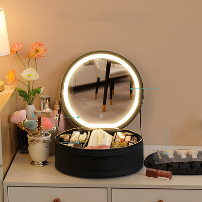 Large Capacity Round Smart LED Makeup Bag With Lighted Mirror PU Leather Travel Organizers Cosmetic Case