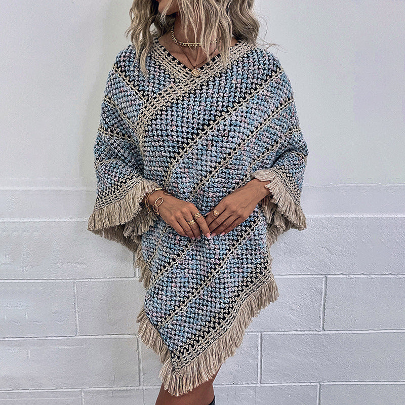 Contrast Color Striped Ethnic Style Tassel Pullover Cloak Shawl