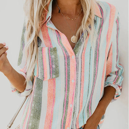 Striped Lapel Long-sleeved Cardigan Single-breasted Shirt